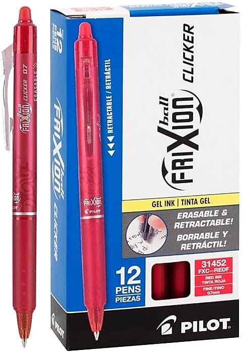 Pilot, FriXion Clicker Erasable Gel Pens, Fine Point. 0.7 mm, Pack of 12, Red