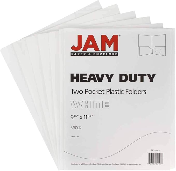 JAM PAPER Heavy Duty Plastic 2 Pocket Extra Tough School Folders - White - 6/Pack