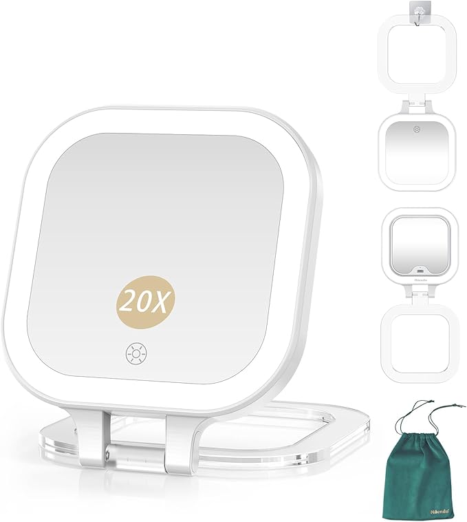 Mocado Compact Travel Makeup Mirror, 1X/20X Magnifying Mirror with Light, Double Sides Compact Mirror with 3 Color Light, Dimmable Handheld Mirror, Rechargeable Travel for Purse,Pocket(White)