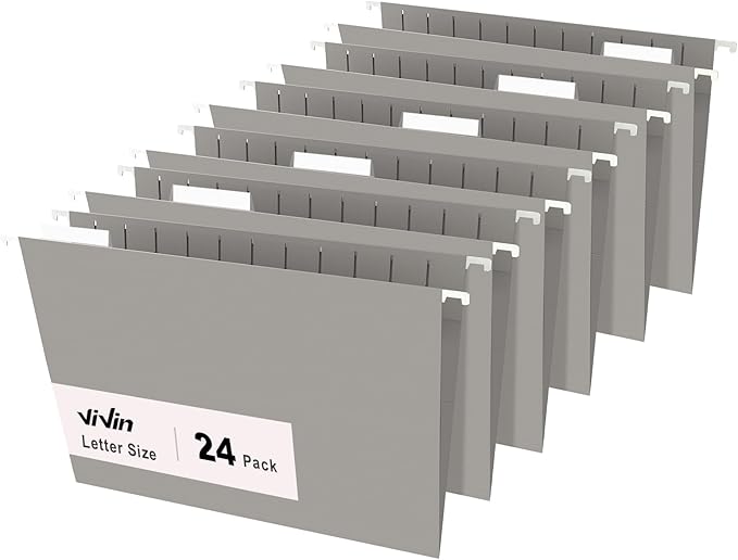 ViVin Hanging File Folders, 1/5-Cut Adjustable Tabs with 24 Per Box, 2 Inch Expansion, 24 Pack Letter Size Hanging File Folders, Designed for Office Home School Filing Cabinet(Gray)