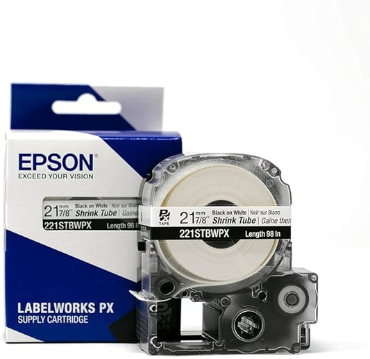 Epson LABELWORKS 221STBWPX Genuine Tape Cartridge - Black on White Shrink Tube Industrial Label Maker Tape - AWG 0000-1, 7/8" (21MM) Wide, 8 ft (96")