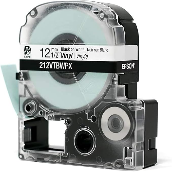 Epson LABELWORKS 212VTBWPX-5PK Genuine Tape Cartridge - 5 Pack Black on White Flexible and Durable Vinyl Industrial Label Maker Tape - 1/2" (12MM) Wide, 22.9 ft - 5 Cartridges