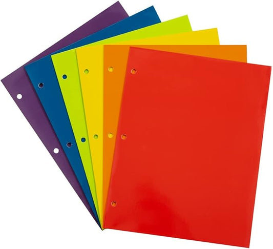 JAM PAPER Laminated Two Pocket Glossy 3 Hole Punch School Folders - Letter Size - High Gloss Assorted Primary Colors - 6/Pack
