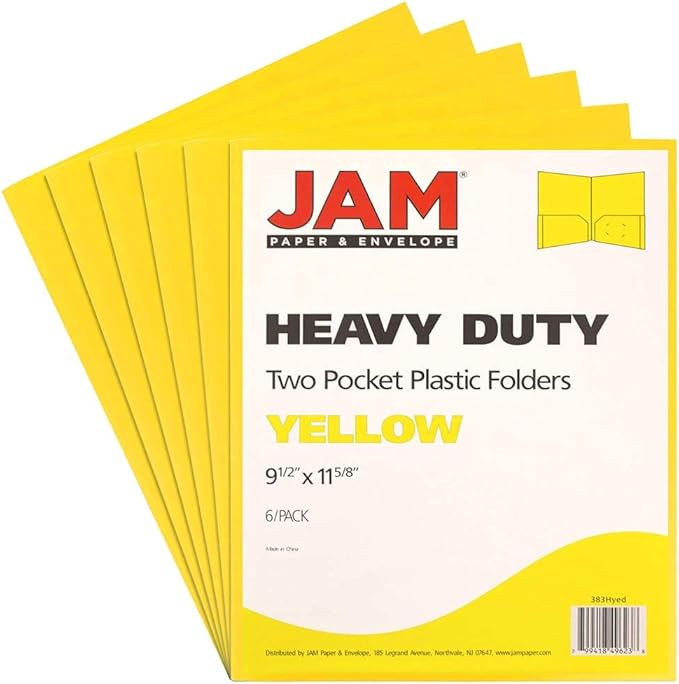 JAM PAPER Heavy Duty Plastic 2 Pocket Extra Tough School Folders - Yellow - 6/Pack