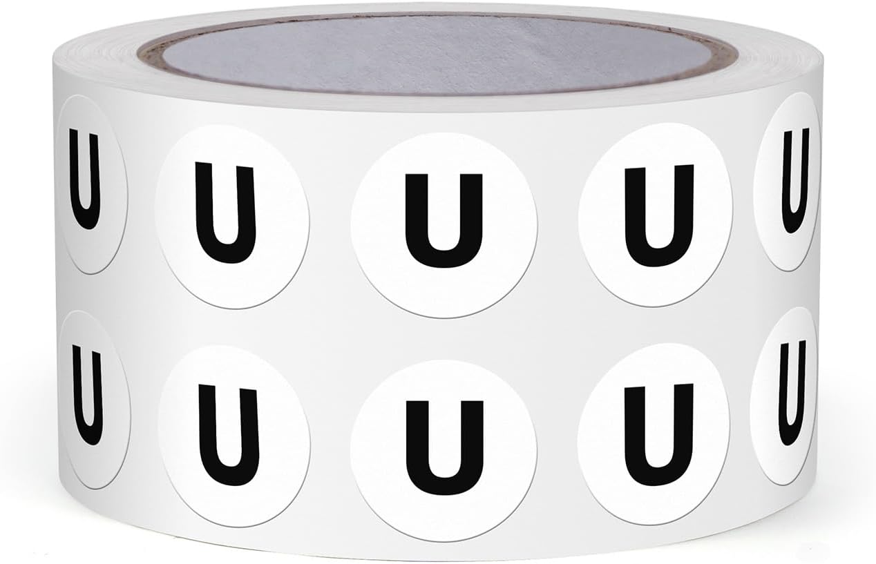 Letter U Round Stickers 0.5 Inch Vinyl Circle Capital Alphabet Labels Self-Adhesive Removable Waterproof Dots Tags for Home Office Inventory 1000 PCS