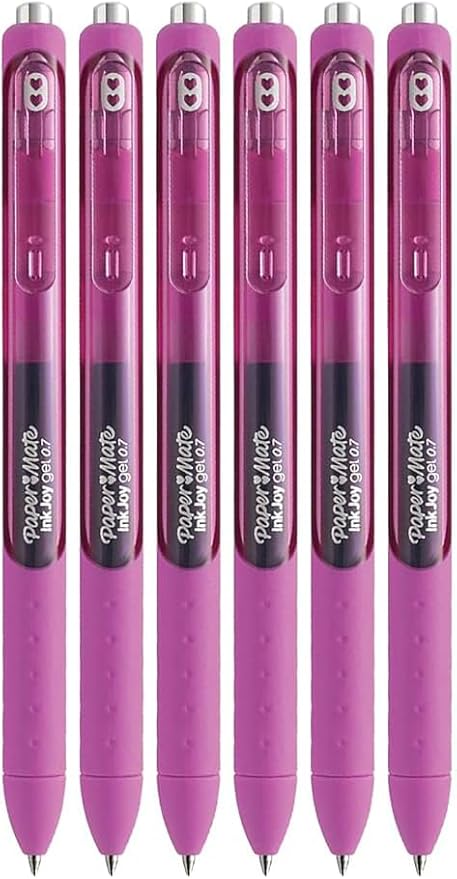Paper Mate InkJoy Gel Pens, Berry Ink, Medium Point (0.7mm), 6 Count, Bundle with Plastic Reusable Pouch