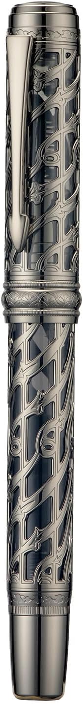 Hongdian A6 Piston Fountain Pen Fine Soft Nib, Jet Black Hollow Skeleton & Resin Pen with Metal Case Set