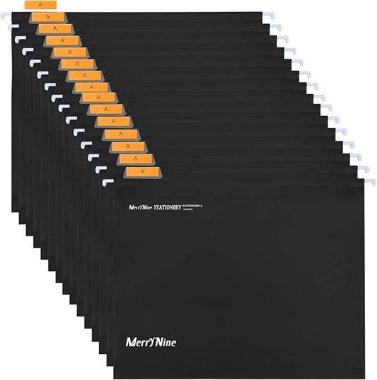 Merrynine Hanging File Folders Letter Size 15pcs, Polypropylene Filing Cabinet Folders Organizer with 1/5-Cut Tabs and Inserts, File Organizers for Office School Home Hospital, Black