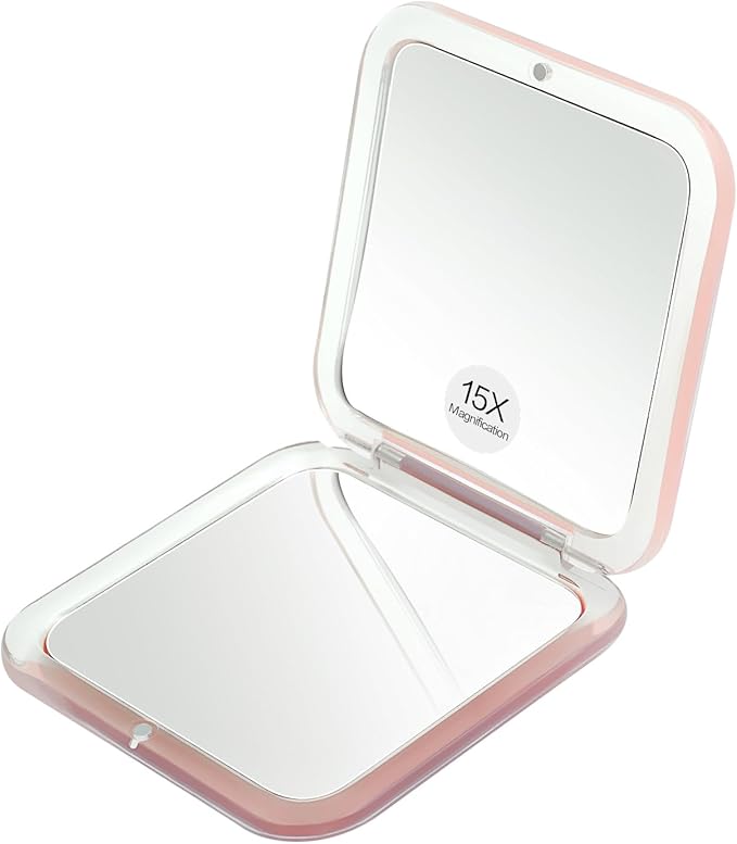 Compact Travel Magnifying Mirror - Snowflakes Small Pocket Mirror -1x/15x Magnification Cosmetic Mirrors Handheld Portable for Travel and Purses (Pink)