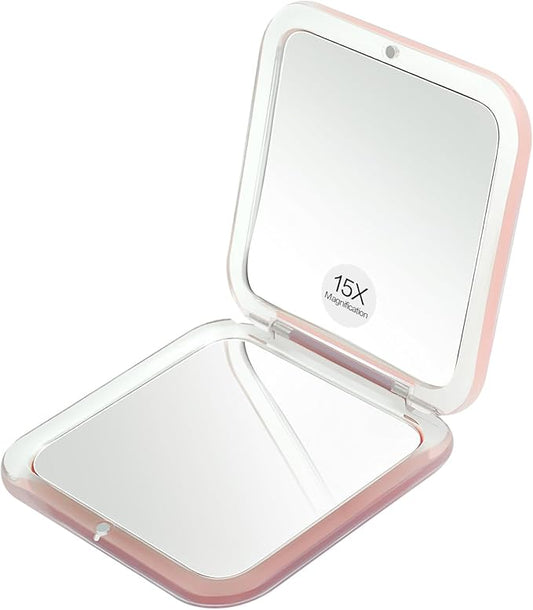 Compact Travel Magnifying Mirror - Snowflakes Small Pocket Mirror -1x/15x Magnification Cosmetic Mirrors Handheld Portable for Travel and Purses (Pink)