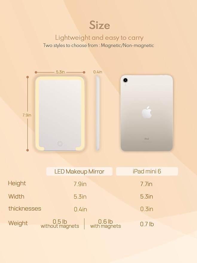 Qislee Travel Makeup Mirror with Lights, 3 Color Modes, 8 x 5 inches Desk Mirror with Foldable Stand, Touch Dimming, Perfect Travel Accessory, White