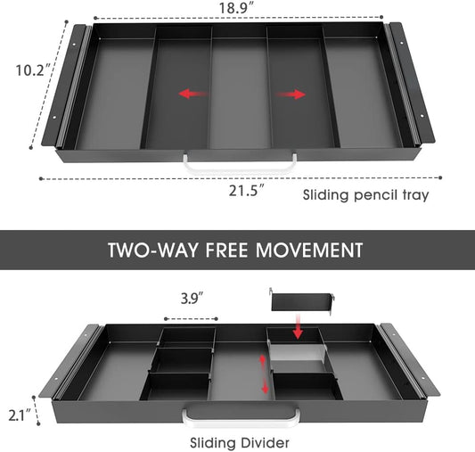 GOME Large Size Under Desk Slide out Pencil Drawer with Adjustable Space Divider Design for Storing Pencil and Office Accessories, Underdesk Pull out Tray Organizer Mounted for Sit Stand Workstation