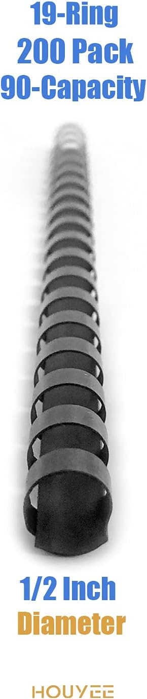HOUYEE 1/2 Inch Plastic Binding Comb 19 Ring, 90 Sheet Capacity, Letter Size Black Comb Binding Spines (200 Pack)
