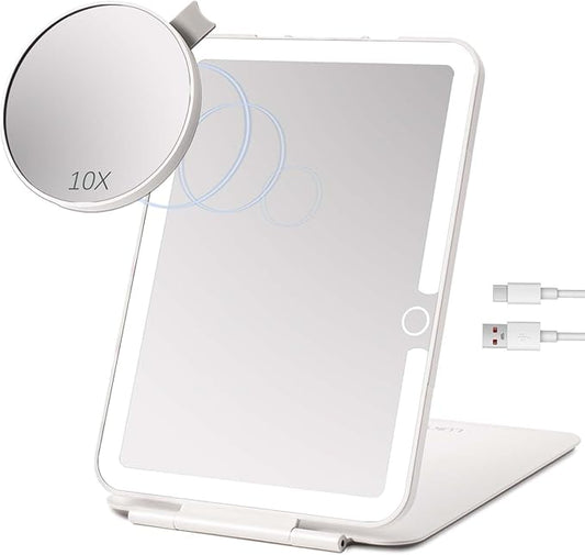 Rechargeable Travel Makeup Mirror with Lights, Portable Lighted Regular Mirror with Small 10X Magnification, 70 LEDs 3 Color Dimmable, Tabletop Folding Compact Cosmetic Mirror