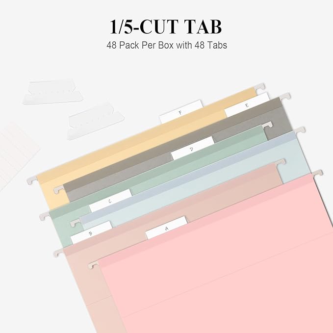 ViVin Hanging File Folders, 1/5-Cut Adjustable Tabs with 48 Per Box, 1 Inch Expansion, 48 Pack Letter Size Hanging File Folders, Designed for Office Home School Filing Cabinet(Assorted)