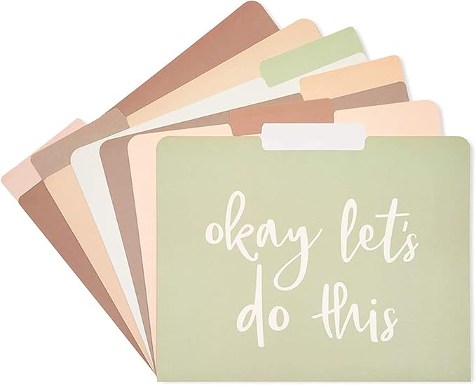 12 Pack Decorative File Folders, Letter Size for Women, Cute Earth Tone Aesthetic Office Supplies with Inspirational Sayings, 1/3 Cut Tabs (11.5 x 9.5 in)