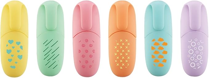 6 Piece Stylish Modern Style Mini Highlighter Pen Kawaii Stuff Pastel Color Geometric Line Design Easter Gift Highlighter Marker