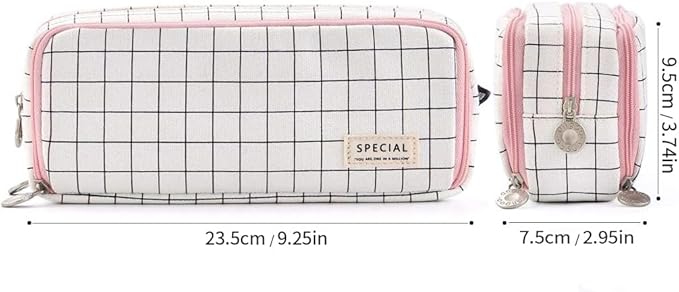 ANGOOBABY Large Pencil Case Big Capacity 3 Compartments Canvas Pencil Pouch for Teen Boys Girls School Students (Pink Strip Black Grid)