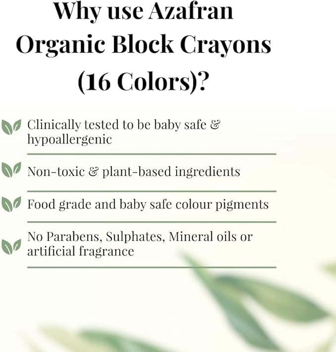 Azafran Non Toxic Organic Block Crayons 16 Colors for Toddlers - Plant Based, Natural Hypoallergenic Jumbo Crayons in Crayon Box, Non Greasy, Food Grade Colors, Paraffin free, 4.23 oz (120 Gram)