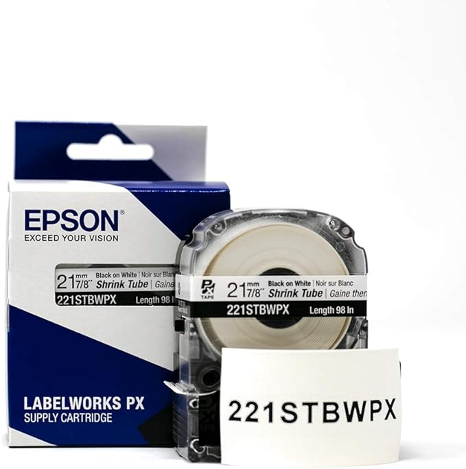 Epson LABELWORKS 221STBWPX Genuine Tape Cartridge - Black on White Shrink Tube Industrial Label Maker Tape - AWG 0000-1, 7/8" (21MM) Wide, 8 ft (96")