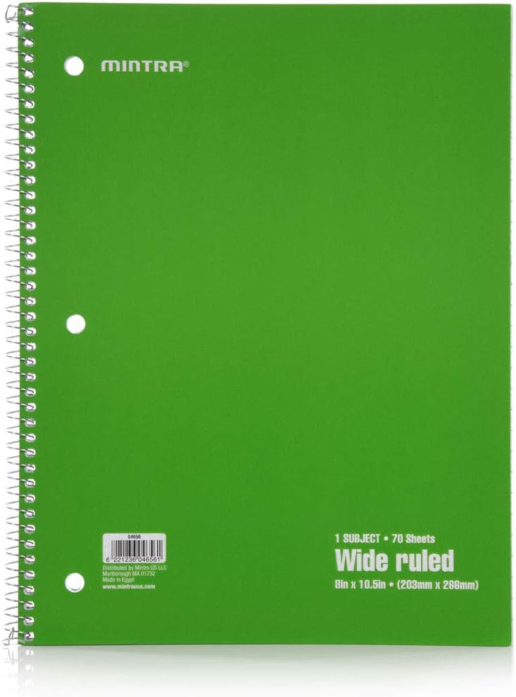 Mintra Office Spiral Notebooks - 1 Subject, 70 Sheets, WIDE Ruled, 8in x 10in, Bulk Pack, Primary Color Covers, Set of 6 - for School, Office, Business, Professional (04656)