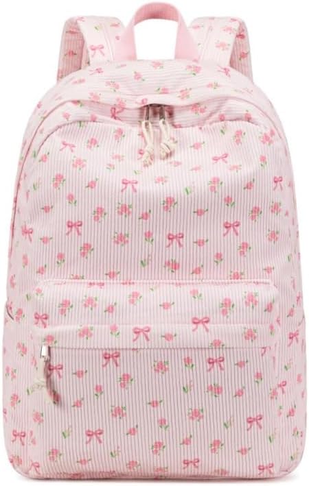 School Backpack for Teens Large Corduroy Bookbag Lightweight Girls Boys Casual High School College 17 inch Laptop Travel Bag (Pink Bow Floral-1)
