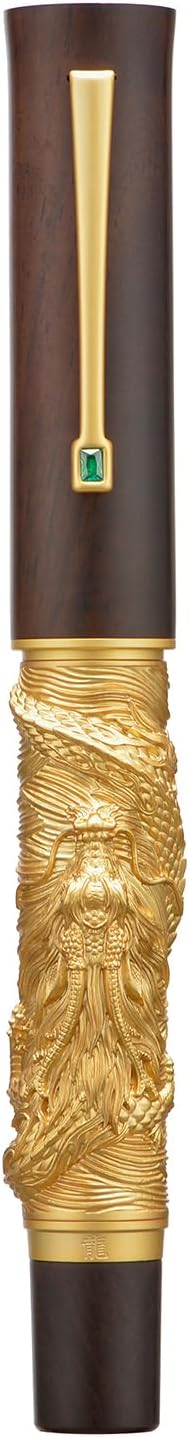 Hongdian N24 Fountain Pen Extra Fine Nib, Golden Dragon Stereoscopic Carving with Red Wood Design
