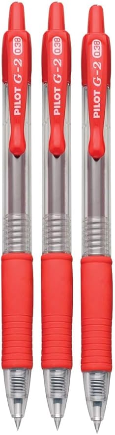 G2 Retractable Premium Gel Ink Roller Ball Pens Ultra Fine Point (.38mm) Red Ink 3 pack; Refillable & Premium Comfort Grip Bundle with Plastic Reusable Pouch