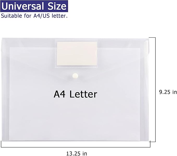 6 Pack Clear Document Folders Plastic Envelopes Poly Envelopes File Envelopes with Label Pocket and Snap Button for Home Work Office Organization, Letter Size/A4 Size, White