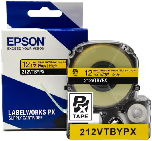 Epson LABELWORKS 212VTBYPX Genuine Tape Cartridge - Black on Yellow Flexible and Durable Vinyl Industrial Label Maker Tape - 1/2" (12MM) Wide, 22.9 ft