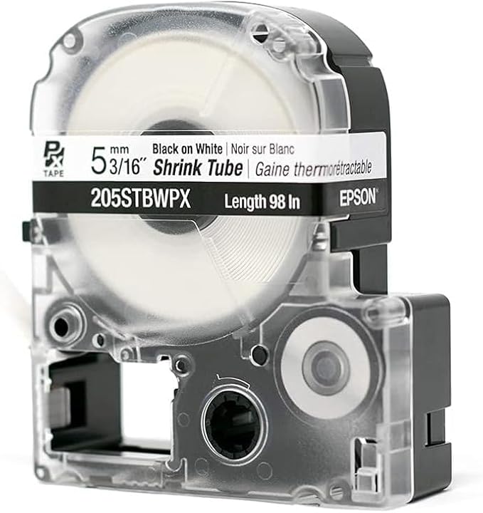 Epson LABELWORKS 205STBWPX-5PK Genuine Tape Cartridge - 5 Unit Pack of Black on White Shrink Tube Industrial Label Maker Tape - AWG 8-12, 3/16" (5MM) Wide, 8 ft (96") - 5 Pack