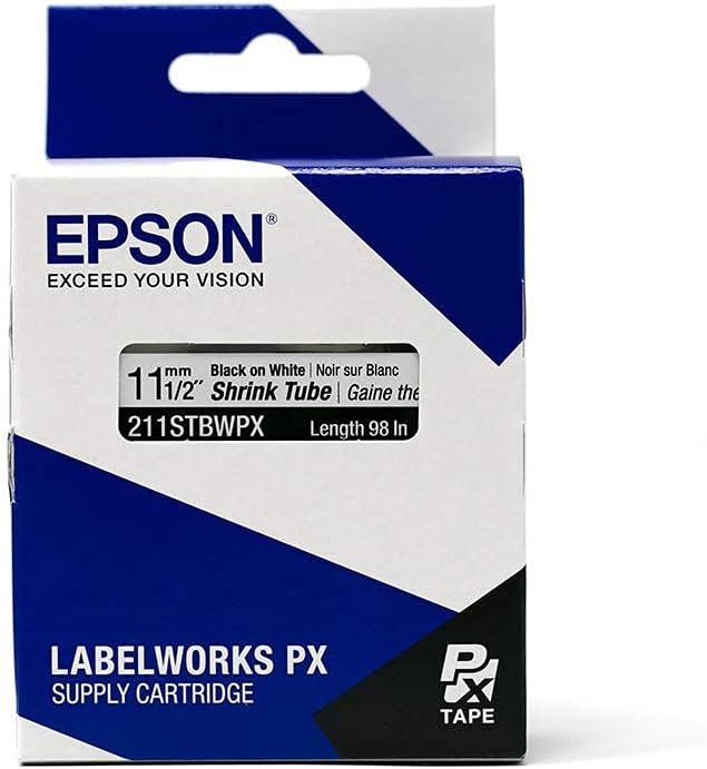 Epson LABELWORKS 211STBWPX Genuine Tape Cartridge - Black on White Shrink Tube Industrial Label Maker Tape - AWG 2-8, 1/2" (11MM) Wide, 8 ft (96")