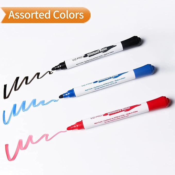 VIZ-PRO Dry Erase Markers Fine Bullet Tip, 3 Assorted Colors, 144 Pcs Low-Odor Whiteboard Pens