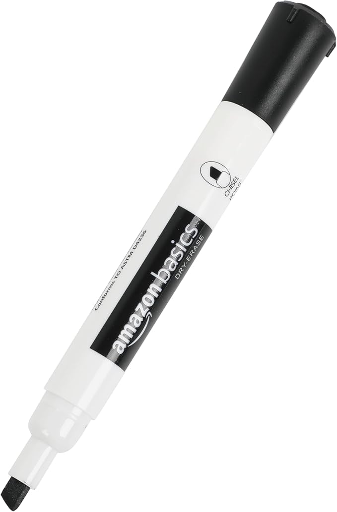 Amazon Basics Low-Odor Chisel Tip Dry Erase Whiteboard Marker, Pack of 4, Black, Red, Green, Blue