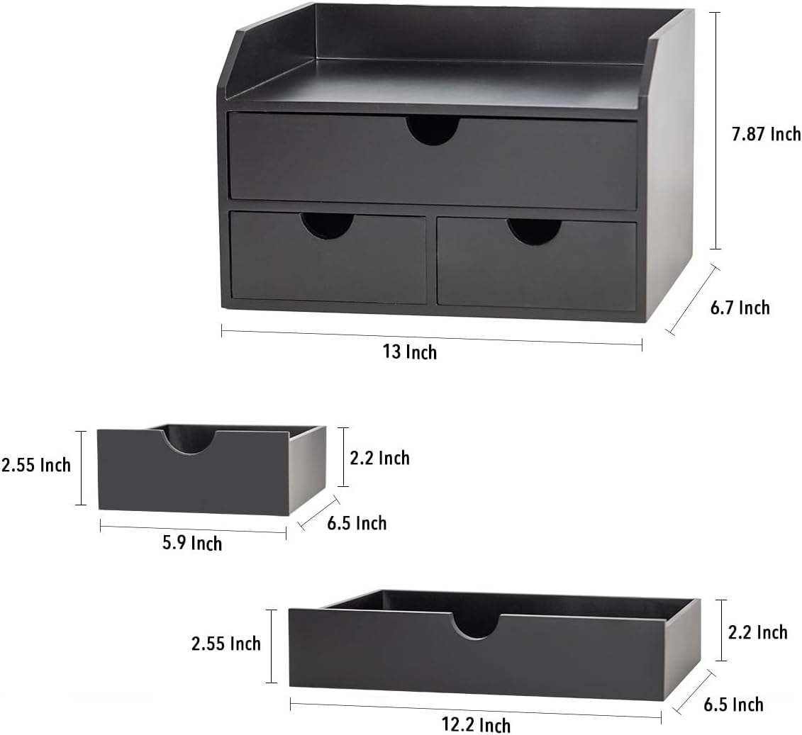 ROSE BLOOM Black Wood Desk Organizer with 3 Drawer, Mini Cute Cabinet with Storage Shelf for Tabletop, Small Desktop Box Organizer for Cosmetic Office Supplies