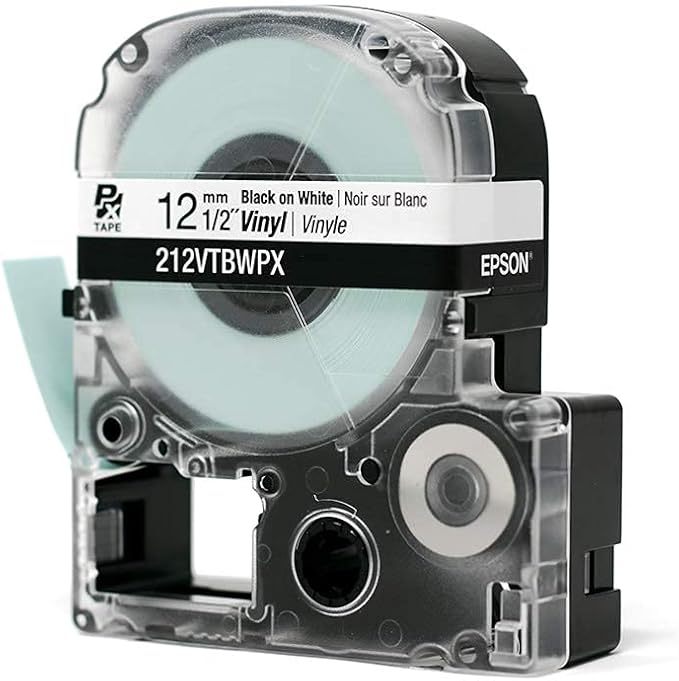 Epson LABELWORKS 212VTBWPX Genuine Tape Cartridge - Black on White Flexible and Durable Vinyl Industrial Label Maker Tape - 1/2" (12MM) Wide, 22.9 ft