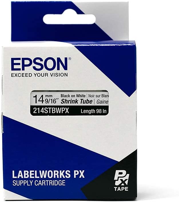Epson LABELWORKS 214STBWPX Genuine Tape Cartridge - Black on White Shrink Tube Industrial Label Maker Tape - AWG 0-5, 9/16" (14MM) Wide, 8 ft (96")
