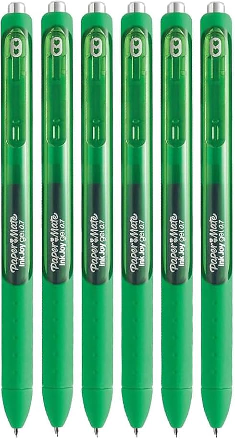 Paper Mate InkJoy Gel Pens, Green Ink, Medium Point (0.7mm), 6 Count, Bundle with Plastic Reusable Pouch
