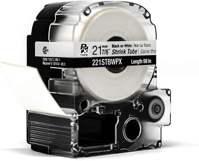 Epson LABELWORKS 221STBWPX Genuine Tape Cartridge - Black on White Shrink Tube Industrial Label Maker Tape - AWG 0000-1, 7/8" (21MM) Wide, 8 ft (96")
