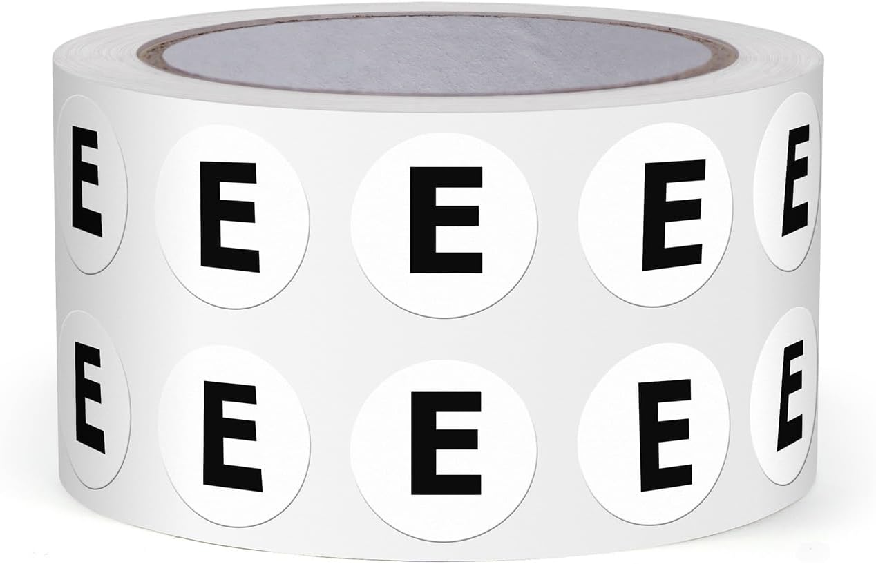 Letter E Round Labels 0.5 Inch Vinyl Circle Capital Alphabet Stickers Self-Adhesive Removable Waterproof Dots Tags for Home Office Inventory 1000 PCS