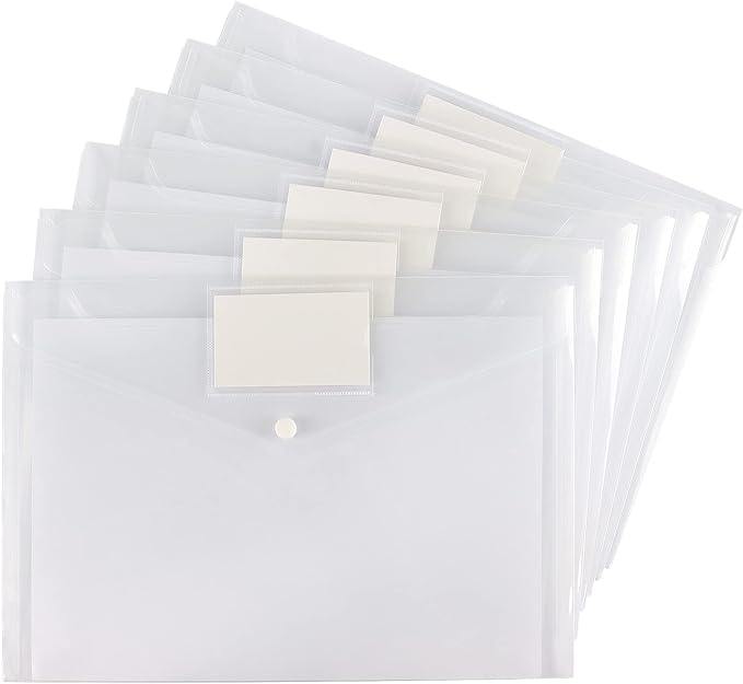 6 Pack Clear Document Folders Plastic Envelopes Poly Envelopes File Envelopes with Label Pocket and Snap Button for Home Work Office Organization, Letter Size/A4 Size, White