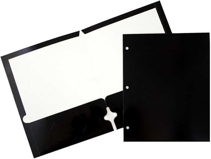 JAM PAPER Laminated Two Pocket Glossy 3 Hole Punch School Folders - Letter Size - High Gloss Black - Bulk 50/Box