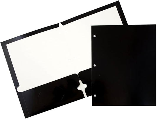 JAM PAPER Laminated Two Pocket Glossy 3 Hole Punch School Folders - Letter Size - High Gloss Black - Bulk 50/Box