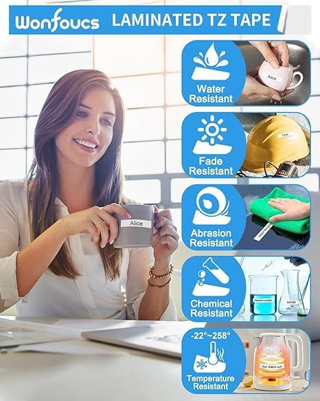 Wonfoucs TZ Tape 9mm 0.35 Laminated White TZe-221 Ptouch Tapes Replace for Brother P-Touch Label Tape TZe221 Work with Brother Label Maker Tape PT-D210 PT-D220 PT-H103W PT-1890 PT-D600 PT-D410, 4-Pack