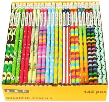 SKKSTATIONERY Assorted Colorful Pencils, Wooden Pencil with Eraser, Pencil Assortment, Novelty Kids Pencils，Awards & Incentives, No.2 HB, Back to school, 12 Assorted Colors 144/box.