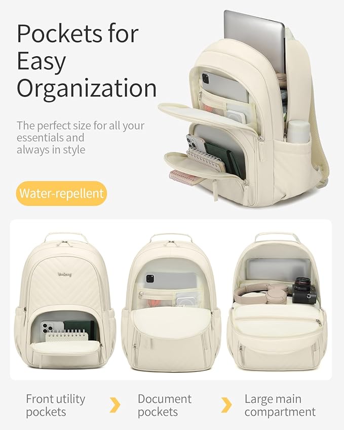 College Bookbag for Women Student, 15.6in Laptop Backpack Middle High School Bag for Teen Girls Teacher Work Commuter Travel, Beige