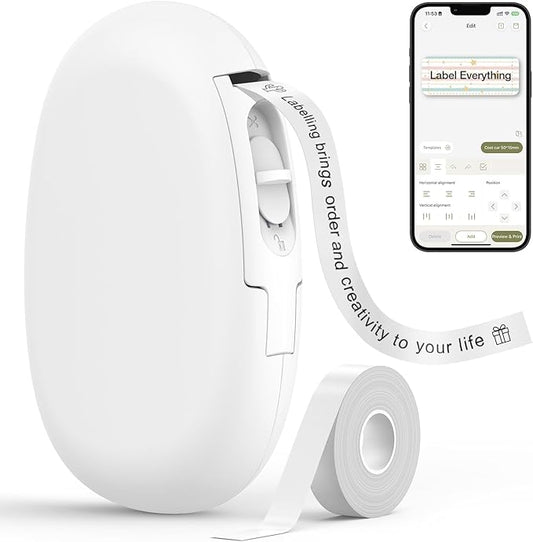 SUPVAN E10 Bluetooth Label Maker Machine with Tape, Continuous Waterproof Label, Versatile App with 35 Fonts and 1k+ Icons, Inkless Labeler for Home, Kitchen, School, Office Organization, White