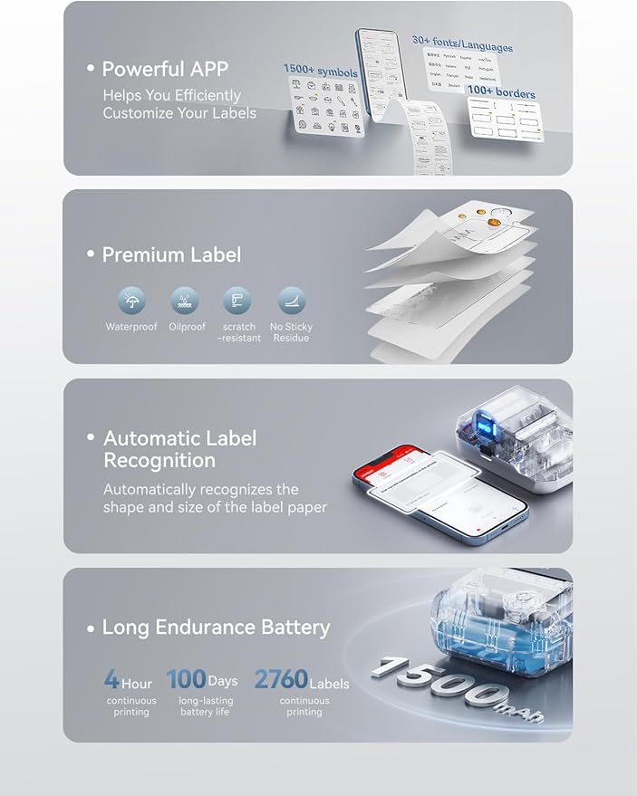 NIIMBOT B1 Label Maker, Portable Bluetooth Thermal Label Printer with Large Waterproof Tape and Multiple Templates for Kitchen, Home, School, Small Business,2 Inch (Silver, 1 Printer+1 Roll Label)