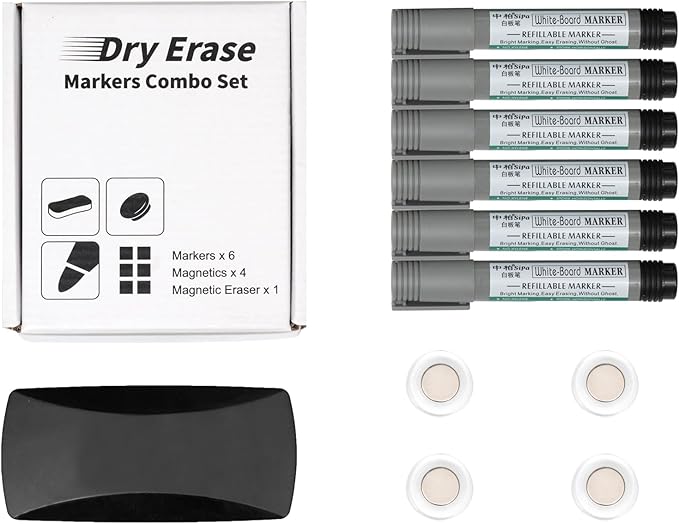 Dry Erase Markers Set 11pcs Whiteboard Markers Comber sets,6 Whiteboard Markers with 4 super strong magnetics & 1 Dry Eraser Bundle of White Board Dry Erase Markers (Black Markers)