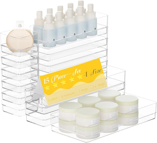 15 PCS Clear Plastic Drawer Organizer Set, 4 Sizes Acrylic Drawer Storage Trays Non Slip Storage Bins for Makeup, Jewelry, Gadgets for Kitchen, Bedroom, Bathroom, Office